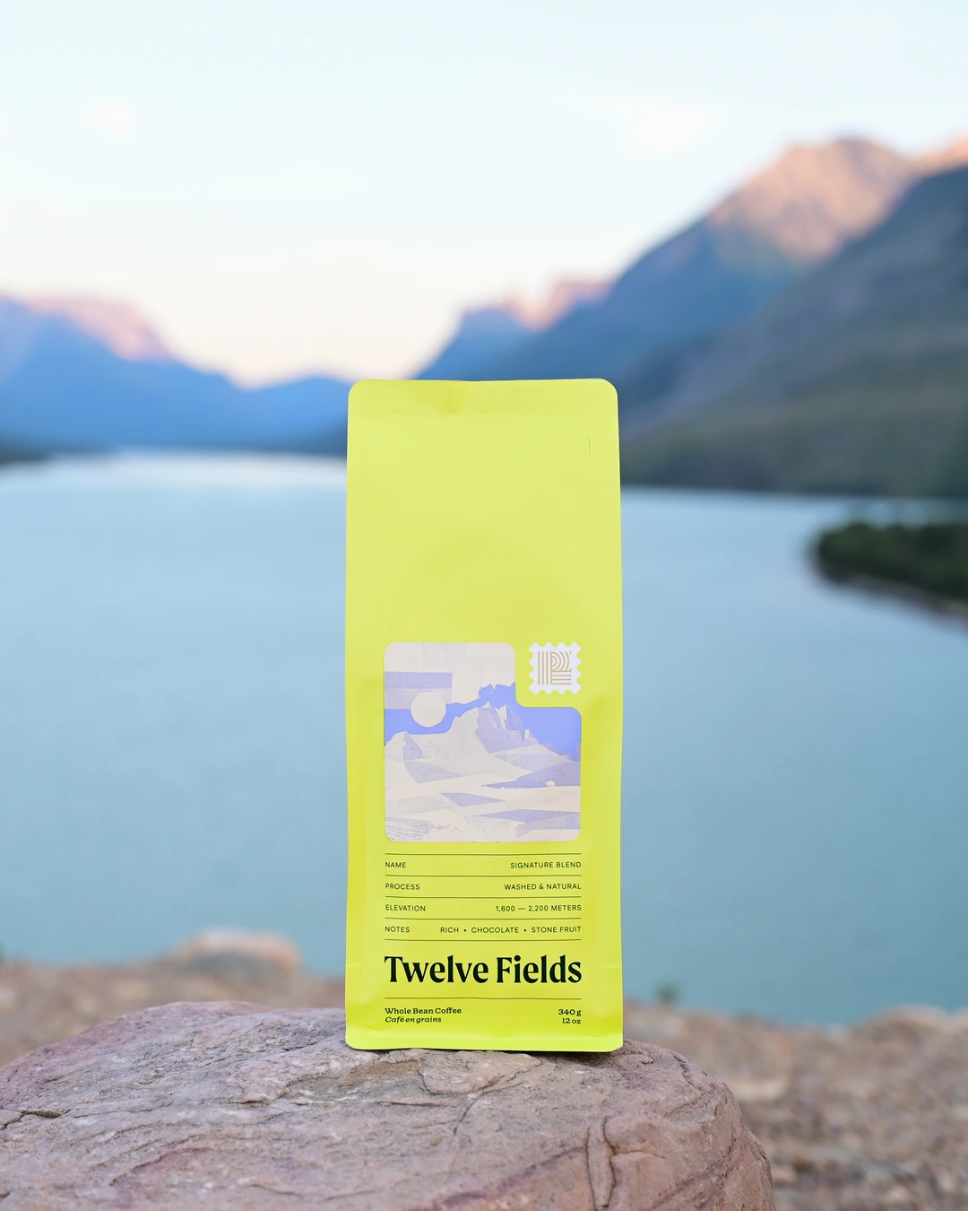 Signature Blend coffee overlooking a mountain lake
